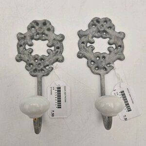 Vintage Cast Iron‎ Wall Hooks with Ceramic Tip Rustic Ash Patina Coat Hat Hanger